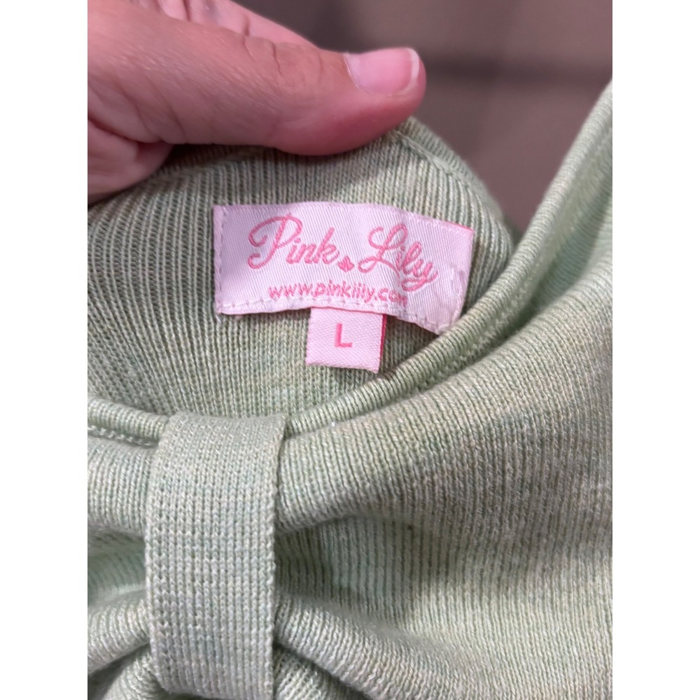 Pink Lily Sage Green Ribbed Knit Bow Front Cutout Midi Dress Size Large - Picture 3 of 5
